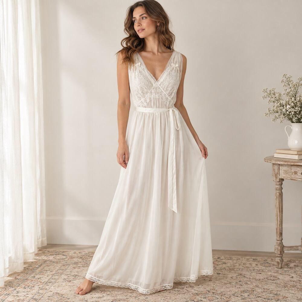 Vintage Gilbreath White Lace Peignoir Nightgown Nylon Chiffon Maxi 36